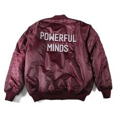 Maroon Bomber Jacket With Stitched logo and leather patch on sleeve