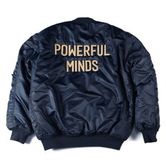 Navy Bomber Jacket With Stitched logo and leather patch on sleeve