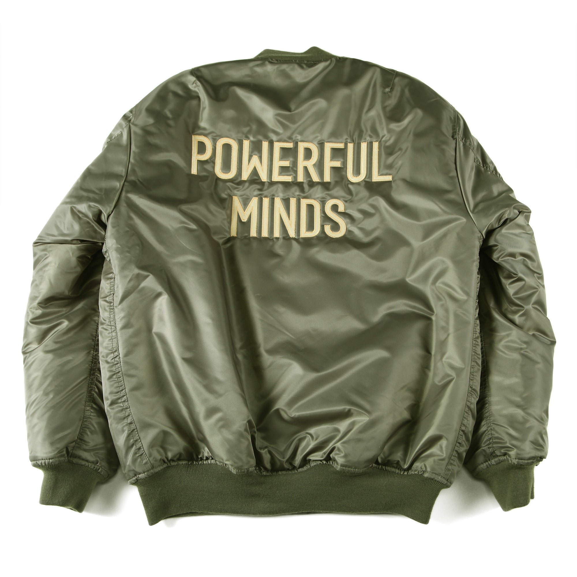 Olive Bomber Jacket With Stitched logo and leather patch on sleeve